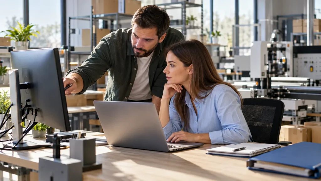 Echipă dintr-un IMM românesc pregătind un proiect de digitalizare cu software și automatizarea proceselor