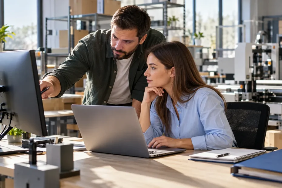 Echipă dintr-un IMM românesc pregătind un proiect de digitalizare cu software și automatizarea proceselor