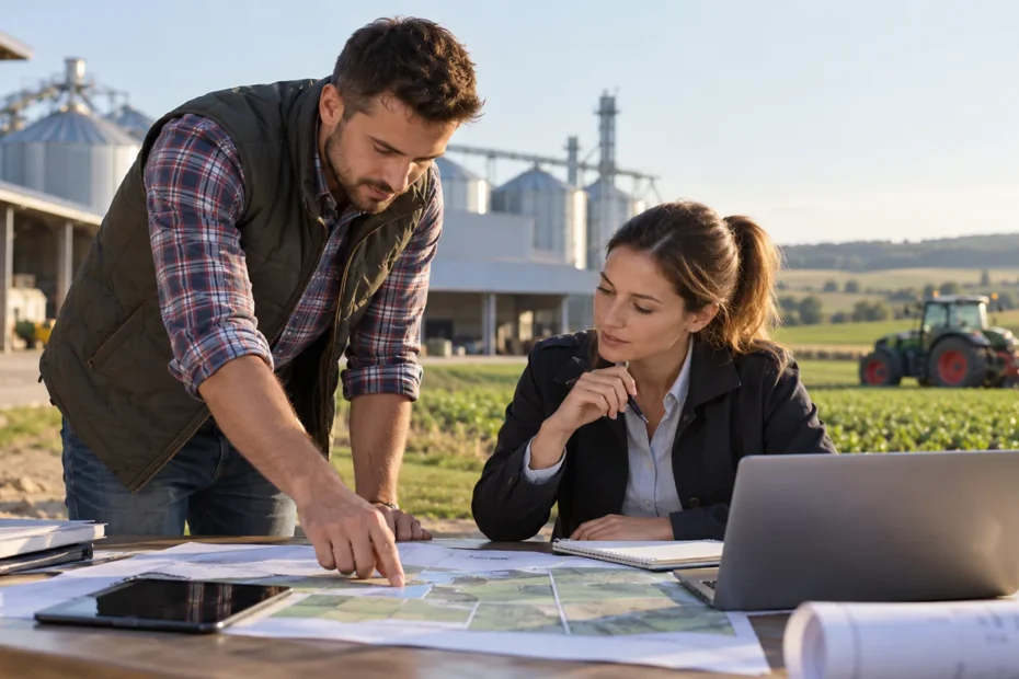 Tânăr fermier analizând investițiile unei exploatații agricole pentru finanțarea DR-12 2026