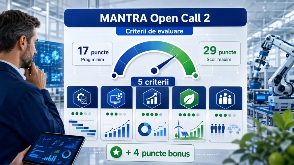 MANTRA Open Call 2 criterii de evaluare cu prag de 17 puncte și scor maxim de 29 puncte