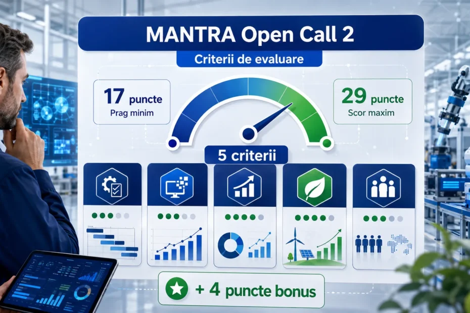 MANTRA Open Call 2 criterii de evaluare cu prag de 17 puncte și scor maxim de 29 puncte