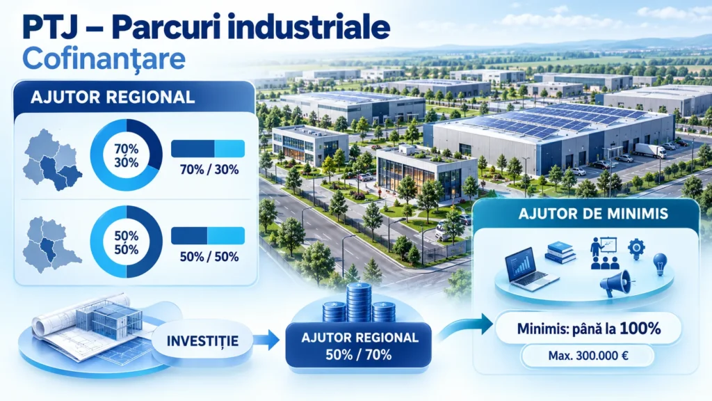 PTJ Parcuri Industriale: cofinanțare 50% / 70%, ajutor regional și minimis