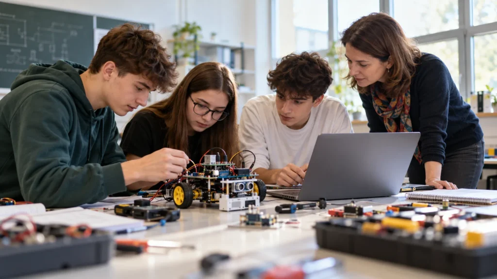 Elevi lucrând la robotică și activități STEAM într-un proiect Școli pentru viitor 2026