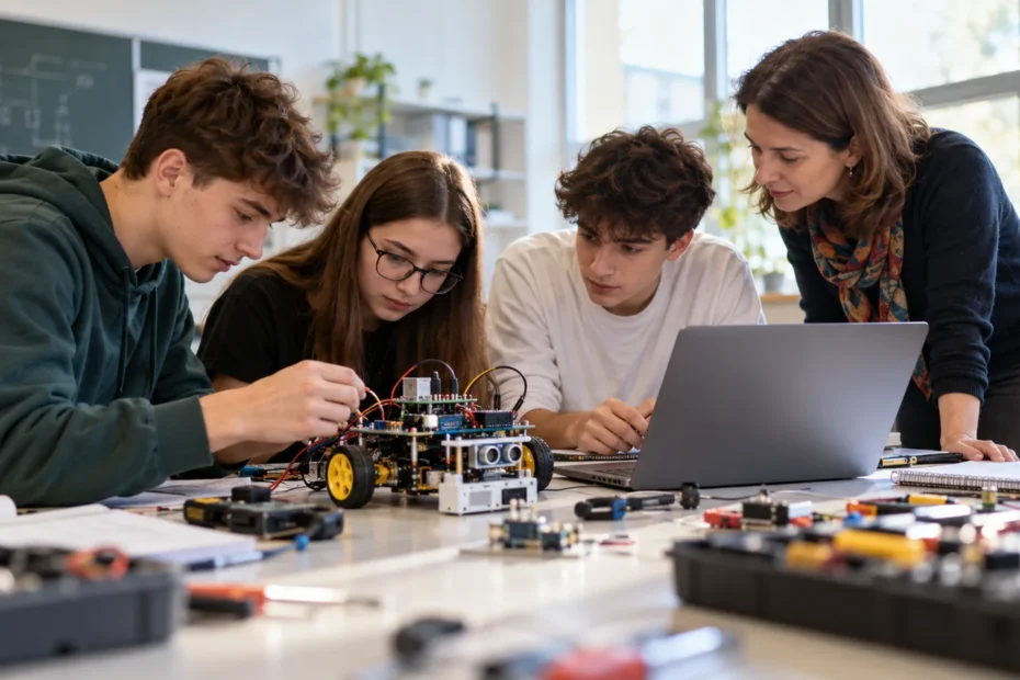 Elevi lucrând la robotică și activități STEAM într-un proiect Școli pentru viitor 2026